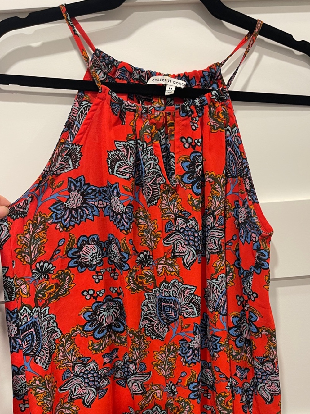 Collective Concepts Red Floral Halter Tank with Blue and Black Print